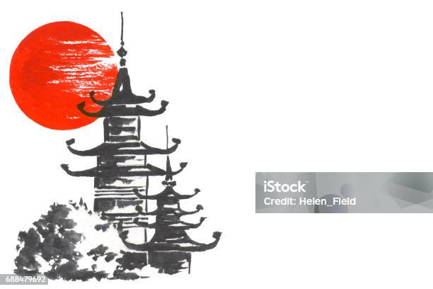 Japan Traditional Japanese Painting Sumie Art Temple And Sun Stock Illustration - Download Image Now