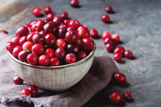 fruits rouges sur un fond sombre. canneberges dans un bol. - canneberge photos et images de collection