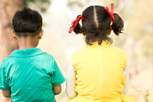Rear view of Indian boy and girl sitting outdoors