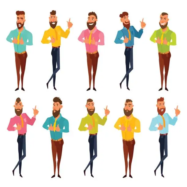 Vector illustration of Successful bearded men standing. Showing approving gesture thumbs up, pointing up his finger. Funny cartoon hipsters, managers, startupers. Stylish guys with beard. Colorful illustration isolated set.