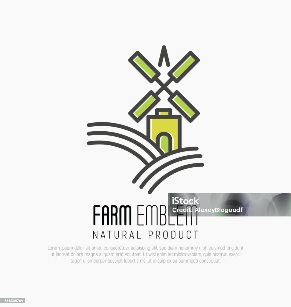Simple icon for farm on the green hills with meadow field or brewery with wind mill in thin line style. Vector illustration. Farmer stock vector