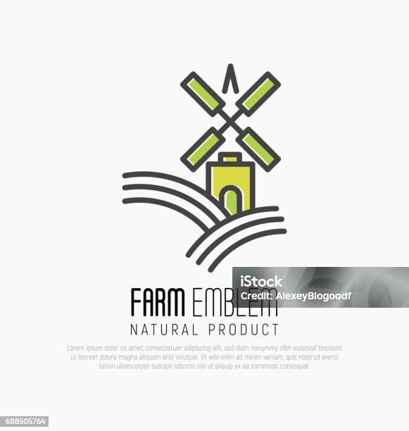 Simple Icon For Farm On The Green Hills With Meadow Field Or Brewery With Wind Mill In Thin Line Style Vector Illustration Stock Illustration - Download Image Now