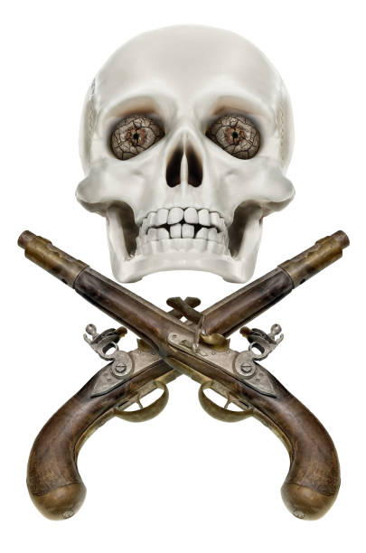 istock Two antique silicic pistols and model of human skull 688509582