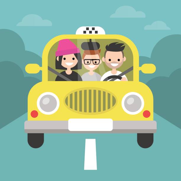 ilustraciones, imágenes clip art, dibujos animados e iconos de stock de carpool. coche compartido. taxi servicio / plano editable vector ilustración, imágenes prediseñadas - back seat illustrations
