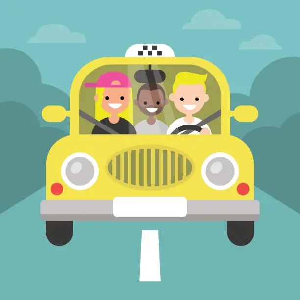 Vector illustration of Carpool. Car sharing. Taxi service / flat editable vector illustration, clip art