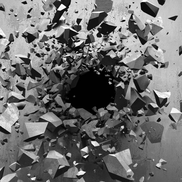 istock Explosion hole in concrete cracked wall. Industrial background 688519130