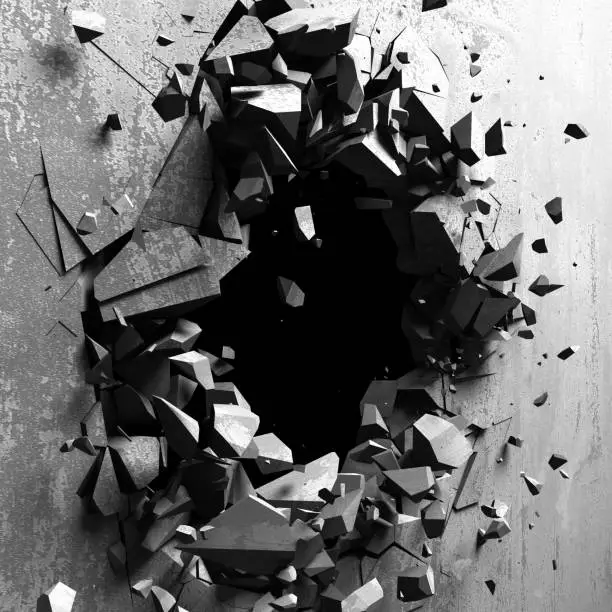 Photo of Cracked explosion concrete wall hole abstract background