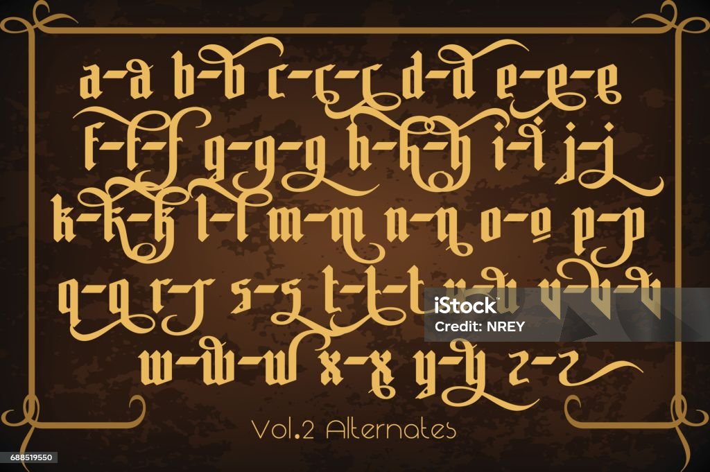 The Pontifice - vintage gothic label font The Pontifice - vintage gothic label font. Vector typeface with swashes, alternate glyphs and ligatures on the old dark background. Gothic Style stock vector