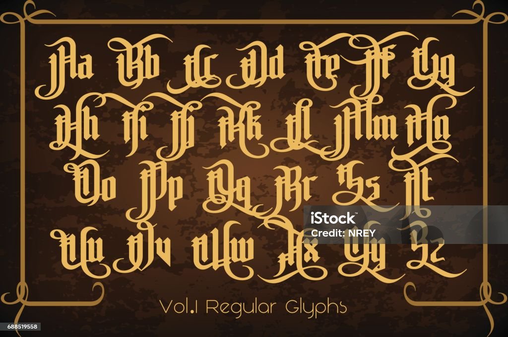 The Pontifice - vintage gothic label font The Pontifice - vintage gothic label font. Vector typeface with swashes, alternate glyphs and ligatures on the old dark background. Gothic Style stock vector