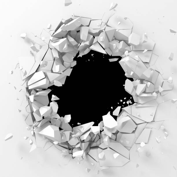 Dark destruction cracked hole in white stone wall