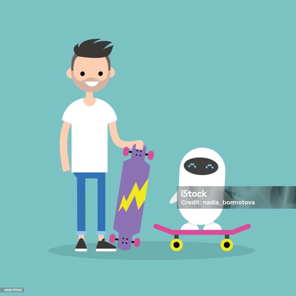 Garçon millénaire enseigner un robot à monter sur une planche à roulettes / Flat modifiable vector illustration - clipart vectoriel de A la mode libre de droits