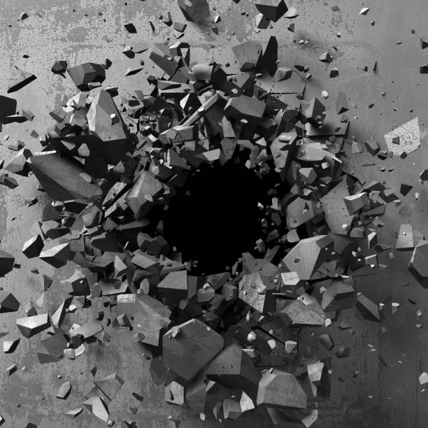 istock Explosion hole in concrete cracked wall. Industrial background 688522226