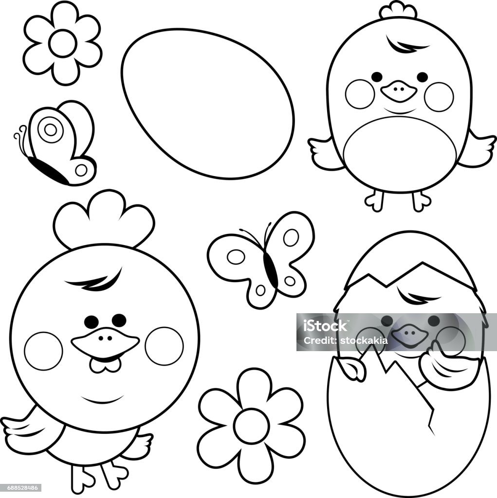 Cute chicken and eggs. Black and white coloring book page Little chicken collection. Black and white coloring book page Chicken - Bird stock vector