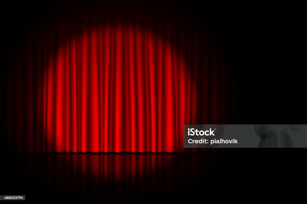 Stage with red curtain and spotlight on it Stage with red curtain and spotlight on it. Theater, circus or cinema poster background with space for text, vector illustration Stage Theater stock vector