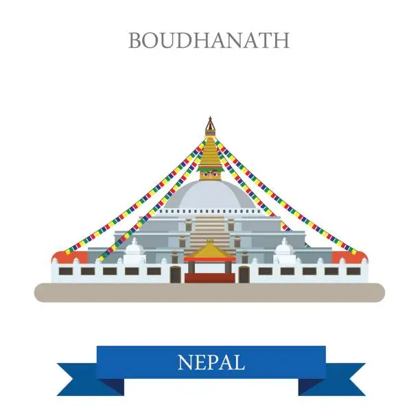 Vector illustration of Boudhanath in Kathmandu Nepal. Flat cartoon style historic sight showplace attraction web site vector illustration. World countries cities vacation travel sightseeing Asia collection.