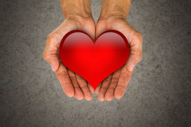 istock Man's hands holding red heart on blurred vintage  background 688539918