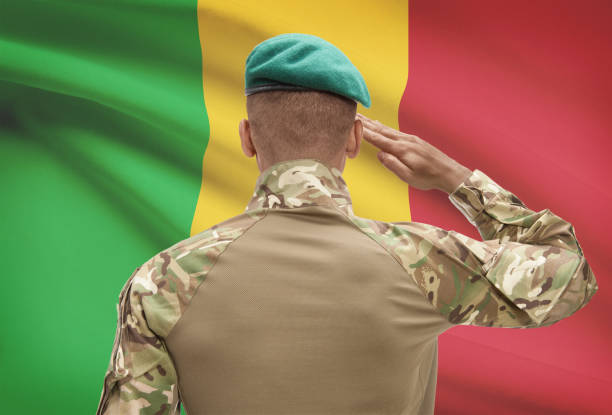 Dark-skinned soldier with flag on background - Mali stock photo