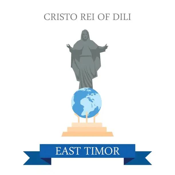 Vector illustration of Cristo Rei of Dili Jesus Statue in East Timor. Flat cartoon style historic sight showplace attraction web site vector illustration. World countries cities vacation travel sightseeing Asia collection.