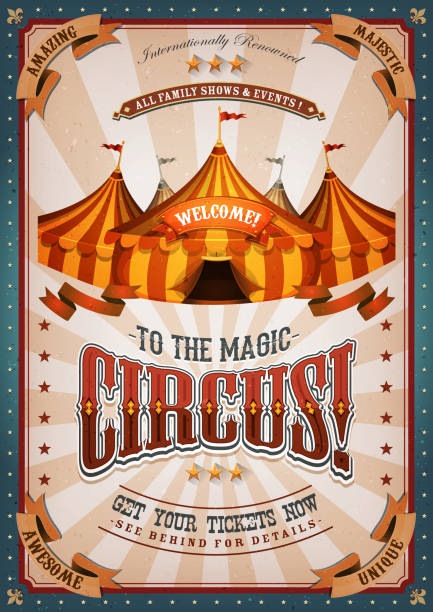 illustrazioni stock, clip art, cartoni animati e icone di tendenza di poster del circo vintage con grande top - grunge frame scroll shape old fashioned