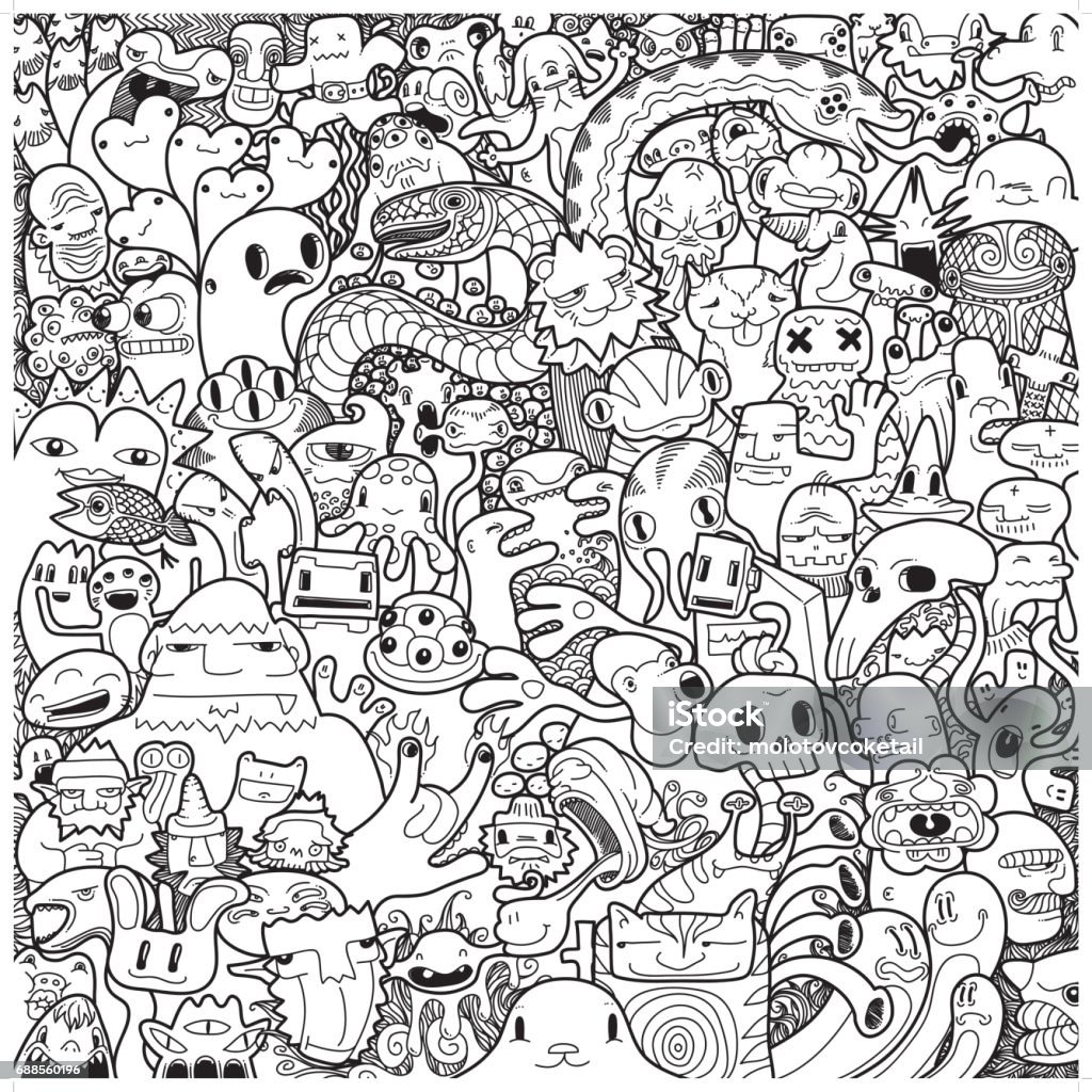 freehand monster doodle in black & white A cute hand drawn monster and alien creature black & white doodle. Doodle stock vector