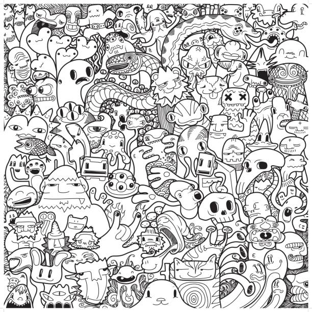 freehand monster doodle in black & white A cute hand drawn monster and alien creature black & white doodle. monster fictional character illustrations stock illustrations