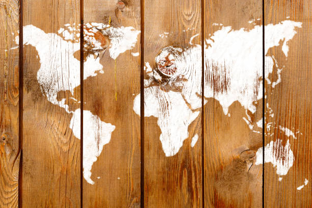 istock Antique wood wall with World map graffiti 688561848