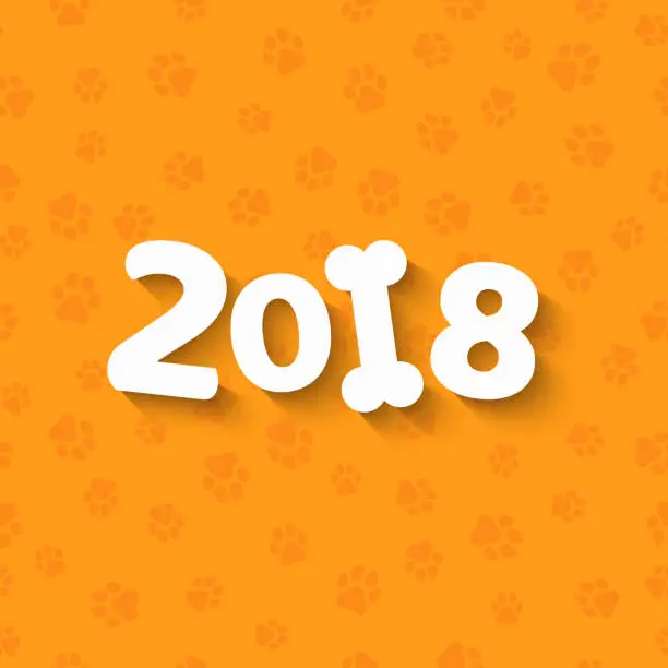 Vector illustration of Happy New Year. The year 2018 is a yellow earth dog. Cartoon figures. White bone. A pattern of yellow dog tracks. Cover for the calendar. Vector illustration in a flat style