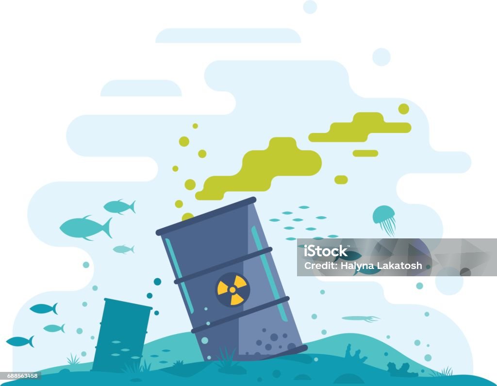 Ocean Disposal of Radioactive Waste Barrel of toxic radioactive waste on the ocean floor with fish in polluted water, radiation pollution from nuclear power plant, ecological disaster, dirty toxic effluents, environmental pollution, isolated Toxic Waste stock vector