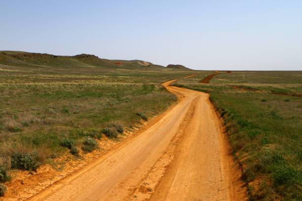 istock Ground road in the steppe with mountains 688564904