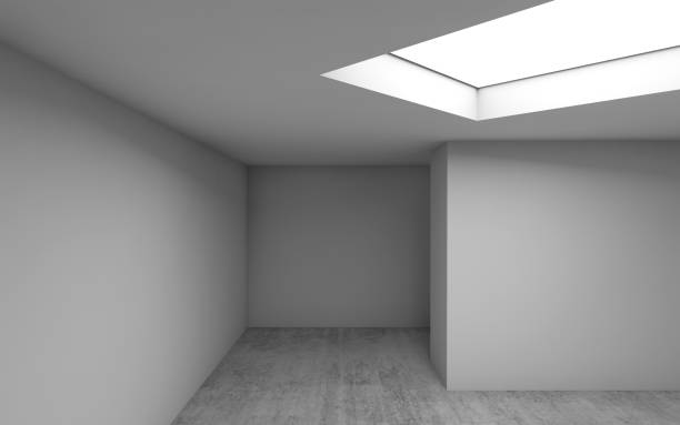 Abstract architecture, empty room interior 3 d Abstract architecture, empty room interior background. Concrete floor, white walls and square ceiling light window. 3d render illustration sky light background stock illustrations
