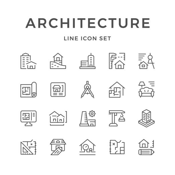 ilustraciones, imágenes clip art, dibujos animados e iconos de stock de línea set iconos de la arquitectura - architect computer icon architecture icon set