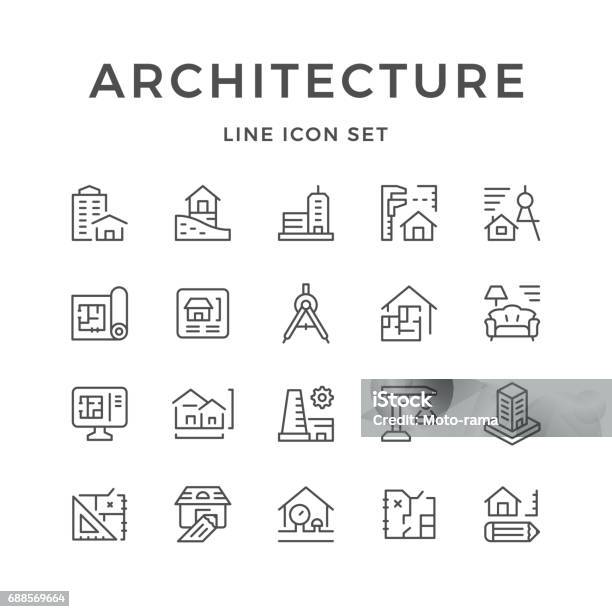 아키텍처의 설정된 라인 아이콘 아이콘에 대한 스톡 벡터 아트 및 기타 이미지 - 아이콘, 건축, 건축가