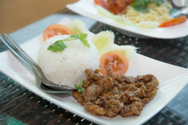 istock Rice with pork fried with garlic on white plate 688570284