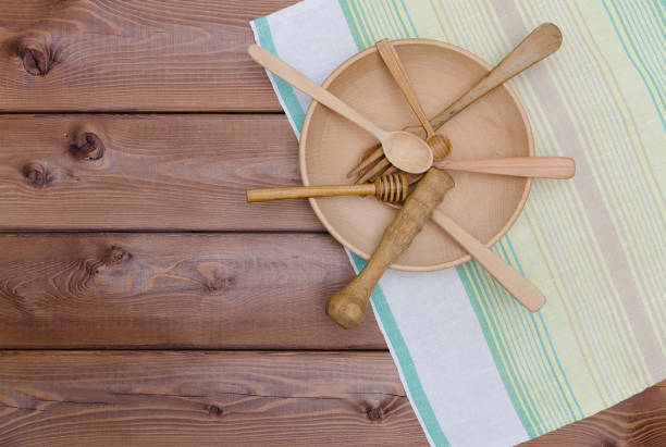 istock Wooden kitchen utensils and kitchen towel 688576774