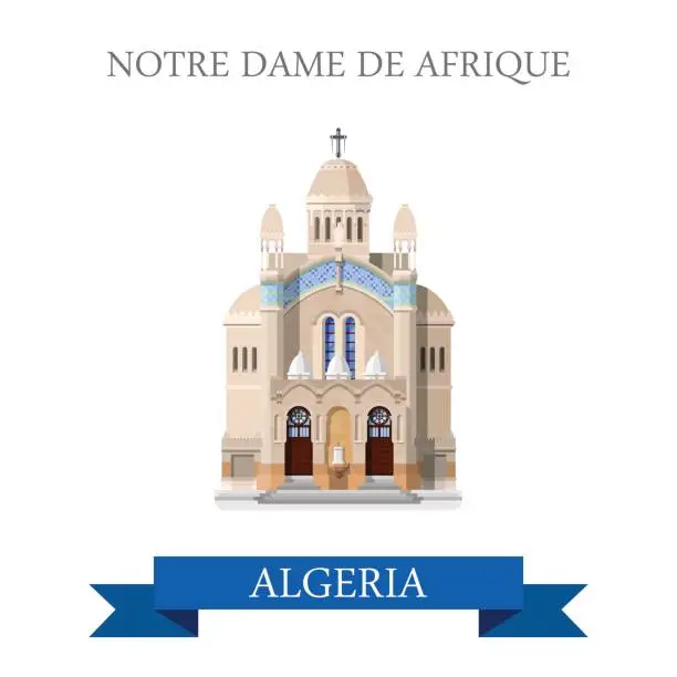 Vector illustration of Notre Dame De Afrique in Algeria. Flat cartoon style historic sight showplace attraction web site vector illustration. World countries cities vacation travel sightseeing Africa collection.