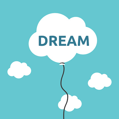 White cloud shaped balloon with dream word flying high in turquoise blue sky. Aspiration and motivation concept. Flat design. EPS 8 compatible vector illustration, no transparency, no gradients