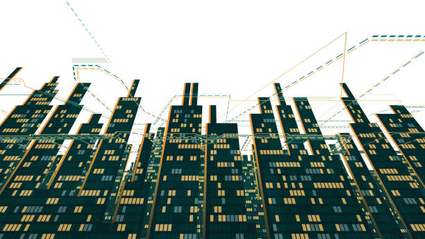 istock Aerial view of city skyscrapers silhouette with glowing Windows, isolated on white background 688581452