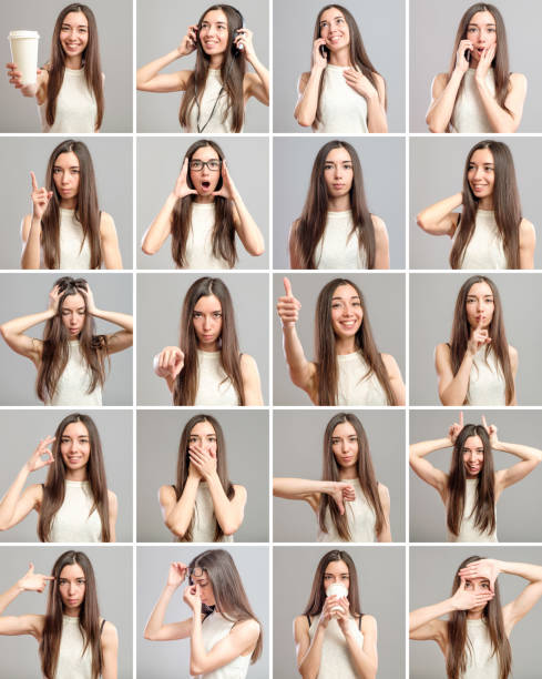 collage di bella ragazza con diverse espressioni facciali - series foto e immagini stock