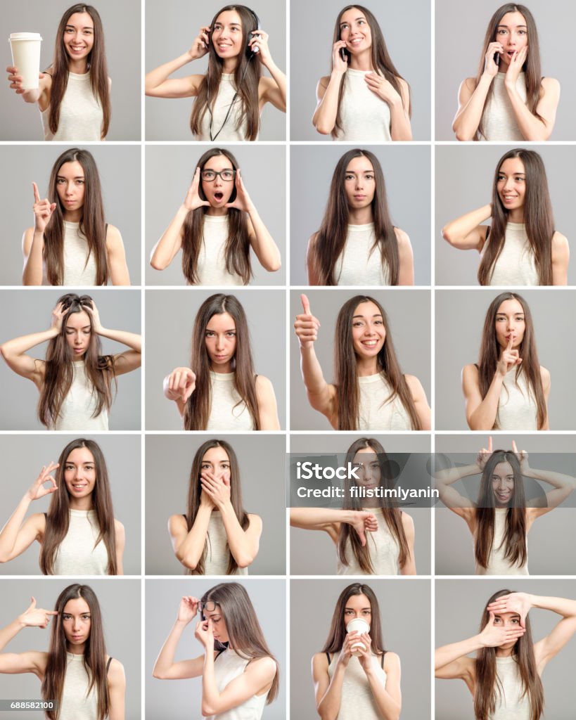 Collage of beautiful girl with different facial expressions Multiple Image Stock Photo