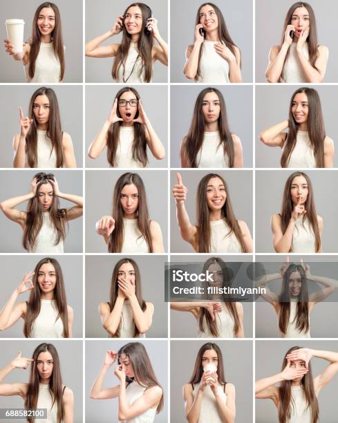 Collage Of Beautiful Girl With Different Facial Expressions Stock Photo - Download Image Now