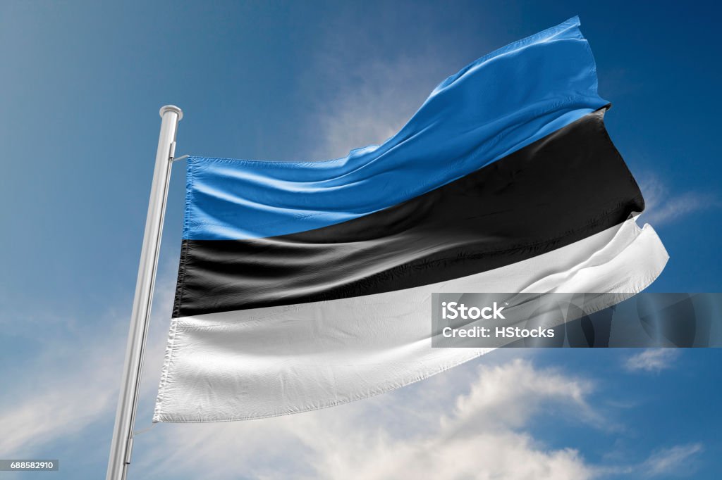 Bandera de Estonia está agitando contra el cielo azul - Foto de stock de Bandera de Estonia libre de derechos