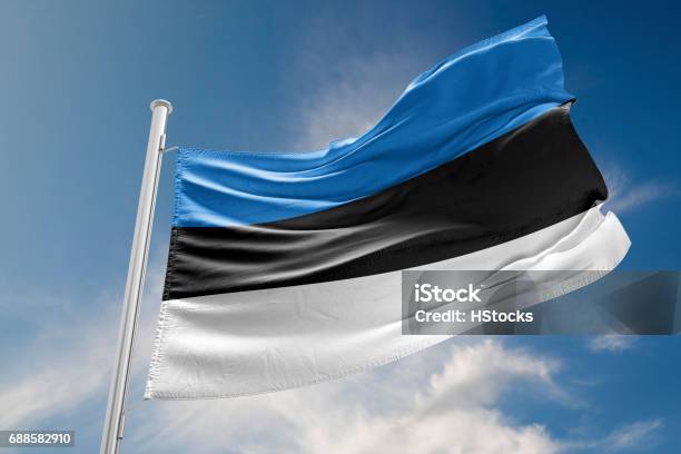 Bandera De Estonia Está Agitando Contra El Cielo Azul Foto de stock y más banco de imágenes de Bandera de Estonia