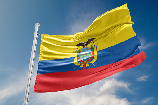 Ecuador flag is waving at a beautiful and peaceful sky in day time while sun is shining. 3D Rendering