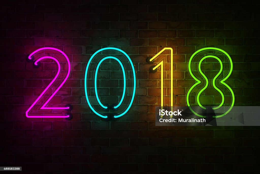 New Year 2018 - 3D Rendered Image Neon Colored Stock Photo