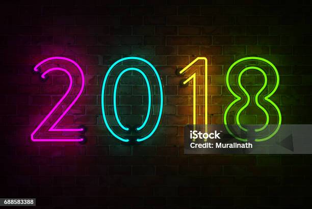 New Year 2018 3d Rendered Image Stock Photo - Download Image Now - Neon Colored, Number, Brick