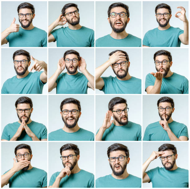 istock Set of young man's portraits with different emotions and gestures isolated 688583496