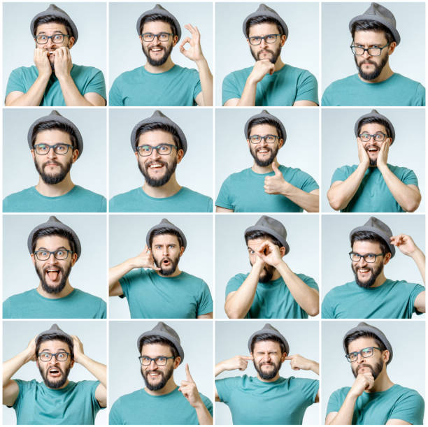 istock Set of young man's portraits with different emotions and gestures isolated 688583514