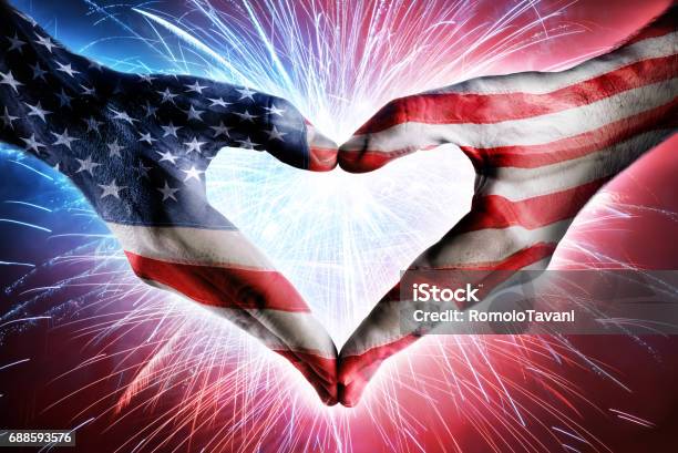 Love And Patriotism American Celebration Stock Photo - Download Image Now - Firework Display, American Flag, Independence Day - Holiday