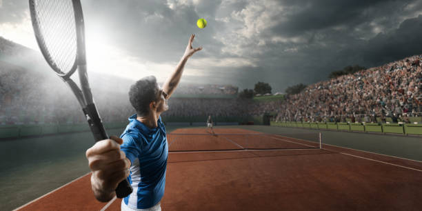tenis: mężczyzna sportowiec w akcji - racket sport zdjęcia i obrazy z banku zdjęć