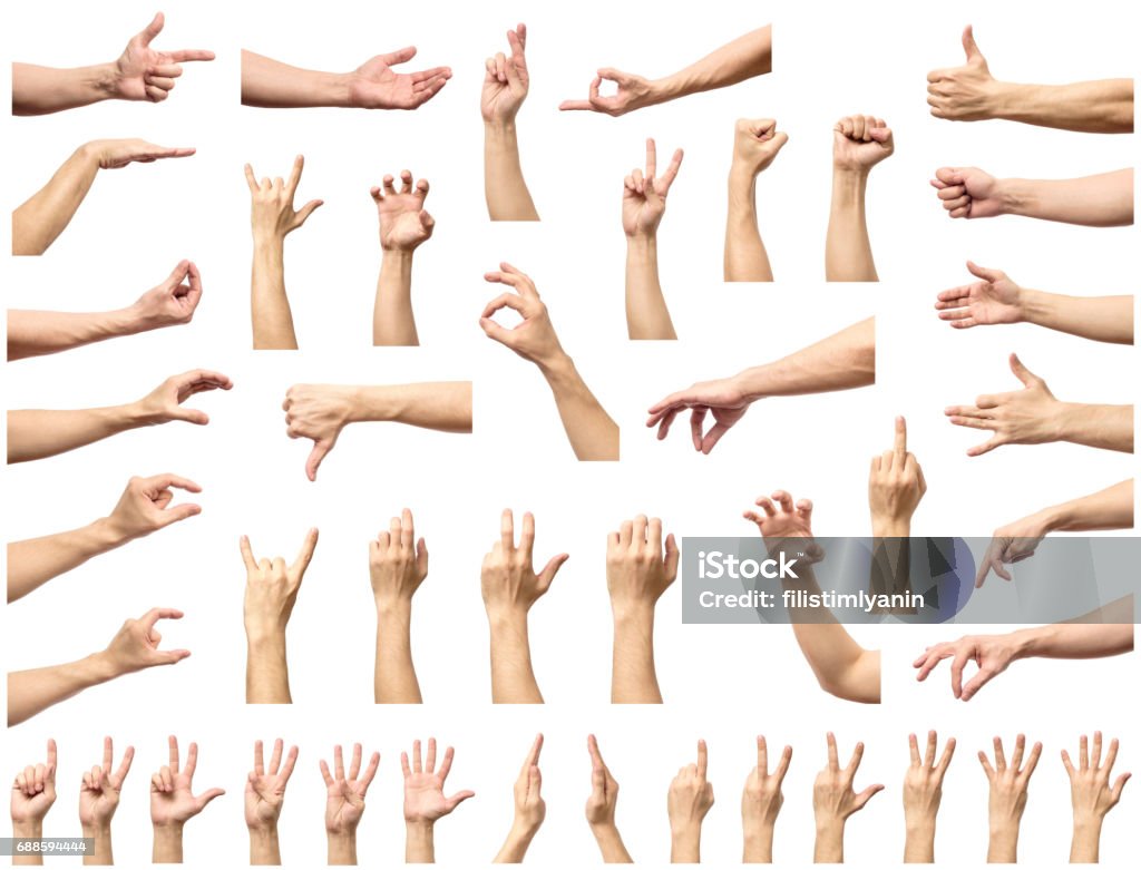 Multiple male caucasian hand gestures isolated over the white background, set of multiple images Men Stock Photo